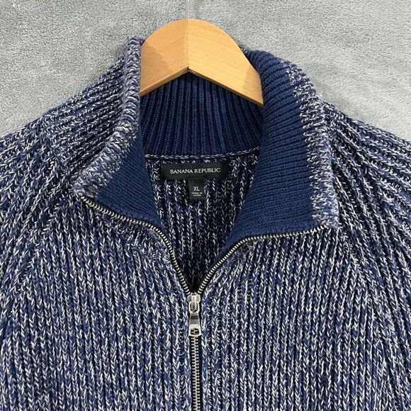 Banana Republic Zip Marled Blue Mock Neck 100% Cotton Thick Ribbed Sweater Sz XL - Picture 4 of 7